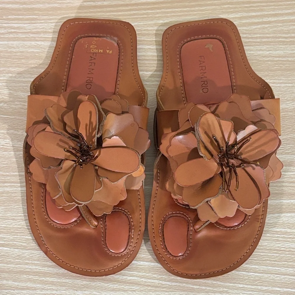 FARM Rio Floral Sandals Brown Leather Slide Statement Summer Chic - Picture 3 of 14